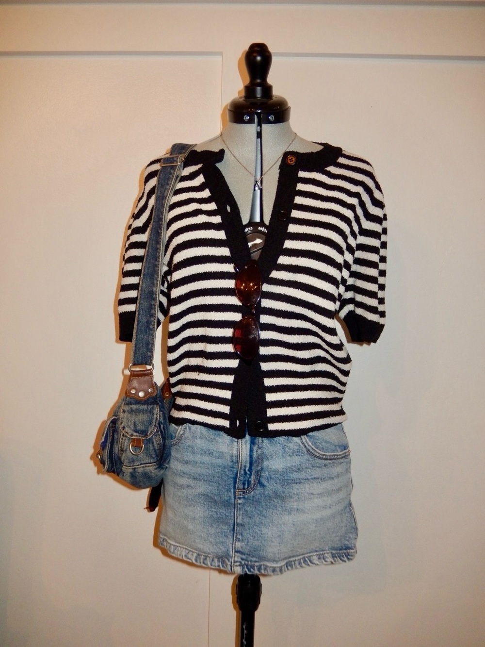Striped Black and White Button-Front Women's Sweater Cardigan